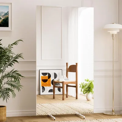 Obrázok produktu pre Zrkadlo na celé telo, 200x120 cm, otočné, s bezpečnostným sklom, biele. Stojace zrkadlo s kolieskami, vhodné do posilňovne alebo domáceho posilňovňového priestoru