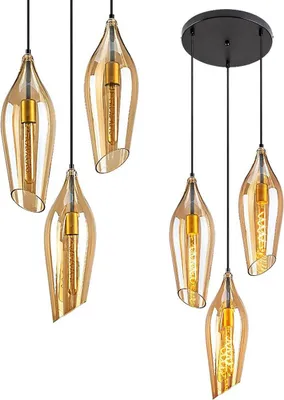 Two sets of pendant lights against a white background. One set has three lights hanging from a circular black base, and the other set has three lights hanging individually.