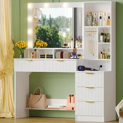 Productafbeelding van Make-uptafel met LED-verlichting en spiegel, kaptafel met stopcontacten en 5 lades, 6 sieradenhaken en open vakken, make-up tafel voor de slaapkamer (wit)