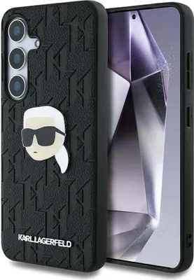 A black Karl Lagerfeld phone case with a raised Karl Lagerfeld head pin and monogram pattern is shown next to a smartphone.
