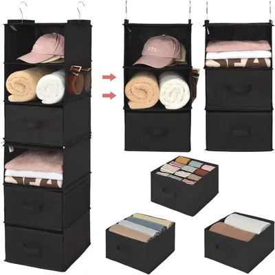Productafbeelding van Hangorganizer van stof met 3 lades en 4 zijvakken, zwart, in delen op te delen, 120 cm