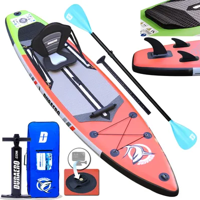 Produktbild von DURAERO Stand up Paddling, Aufblasbare SUP Board Set, inkl. Kajak Sitz, bis 150kg, Integrierte Kick-Pad, 330x76x15cm, 3 Finnen, Doppel-Paddel, Action-Cam Halterung, Rot
