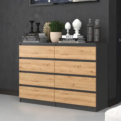 Image de Commode, chambre à coucher couloir, armoire, sideboard, highboard avec 8 tiroirs, largeur 140 cm hauteur 97 | Anthracite Artisan