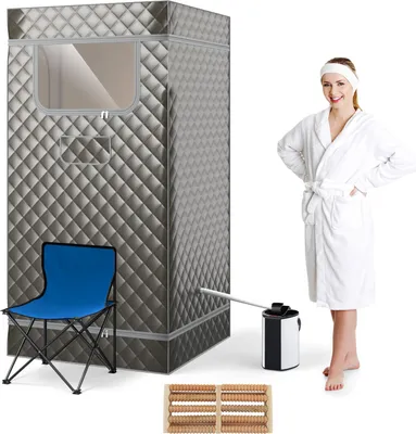 Produktbild von Tragbare Dampfsauna, persönliches Saunazelt mit 3-l-Dampfgenerator, klappbarem Stuhl, Fernbedienung, 9-stufig einstellbarer Temperatur & Timer, Grau