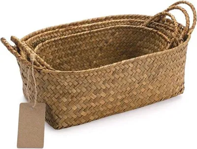 Produktbild von Famanu Aufbewahrungskorb mit Griff stapelbar natürlich gewebt oval Set von 3 (Groß + Mittel + Klein)