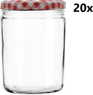 A clear glass jar with a red and white checkered lid, set against a white background. The text '20x' is visible in the upper right corner.