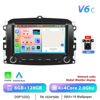 Image de Fiat 500L 2013-2019 - Autoradio Android 13 au format 2-DIN - Écran tactile de 17,8 cm - 6 Go de RAM, 128 Go de ROM - Processeur MTK 2,0 GHz - Navigation GPS - RDS, 1024×600