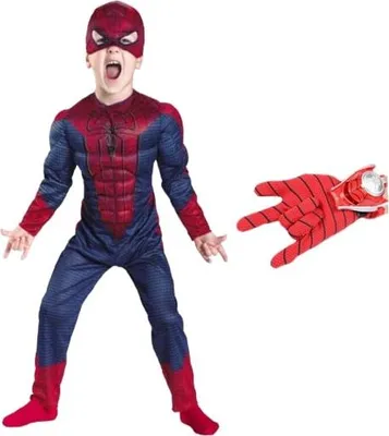 Produktbild von Spiderman-Kostüm mit Muskeln und Handschuh mit Scheiben, Depox®, Größe L, 7-9 Jahre, rot