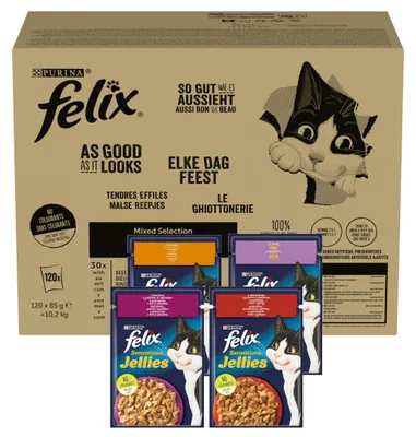 Produktbild von Felix Sensations Jellys Katzenfutter, Landaromen in Gelee, 120 x 85 g, Rind, Huhn, Ente, Lamm