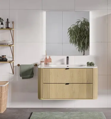 Produktbild von Design Badmöbel Set mit Waschbecken OVALIA CREMONA 100 cm MDF SOFT-CLOSE LED Waschtisch Spiegel LED