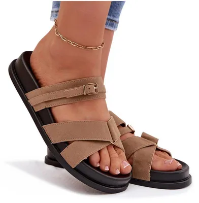 Produktbild von Damentaglesschuhe mit Riemen und Goldschnalle Dunkelbeige Selorina 36