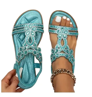 Produktbild von ASKSA Damen Glitzer Sandalen Sommer, Strass Sandalen Elegant Flach Schuhe, Blau, Groesse: 42