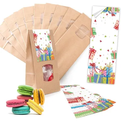 Produktbild von Logbuch-Verlag 10 braune Blockbodenbeutel + bunte Aufkleber - Geschenktüten mit Fenster zum Befüllen - für Lebensmittel geeignetBunte Geschenke