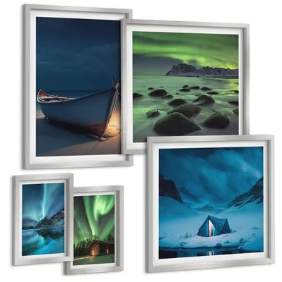 Produktbild von Bilder Set 5-teilig im silbergerahmten Rahmen – Wandbilder 5 Stück – gerahmte Poster für Wohnzimmer, Schlafzimmer und Flur – 50x50 cm - 40x60 cm – Winterlandschaften, Nordlichter, Berge