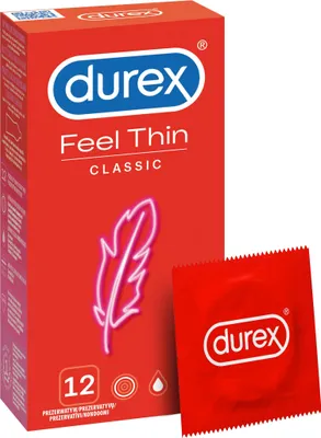 Zdjęcie produktu dla Durex Feel Thin Classic Cienkie prezerwatywy lateksowe, 12 sztuk