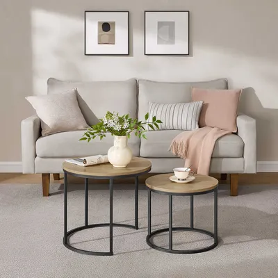 Obrázek produktu pro Konferenční stolek sada 2 kulatých stolků v loftovém designu 2 v 1 s povrchem odolným proti poškrábání, obývací pokoj | 53 cm a 43 cm široký dub Sonoma s černými nohami