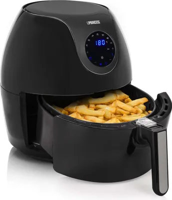A black Princess digital family air fryer XXL with a basket full of french fries.