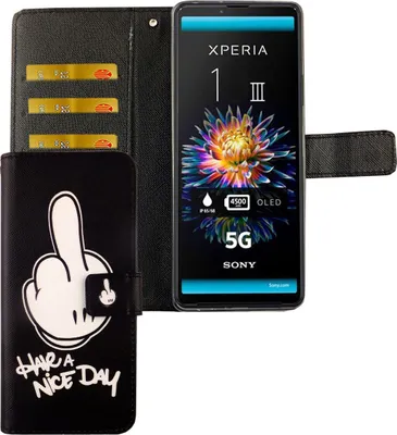 Produktbild von Sony Xperia 1 III Tasche Handy Hülle Schutz-Cover Flip-Case mit Kartenfach, Farbe:Have A Nice Day Schwarz