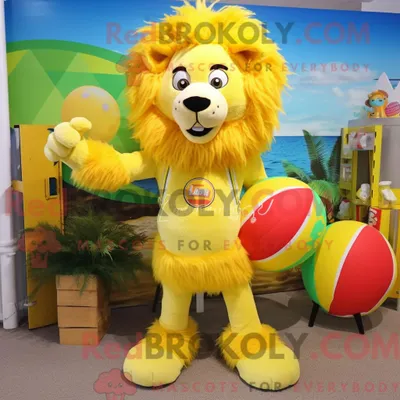 Produktbild von Zitronengelber REDBROKOLY Löwe Maskottchen Kostüm Charakter gekleidet mit einem Bikini und Schnürsenkeln