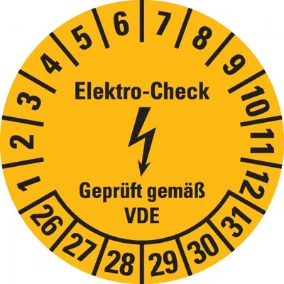 Produktbild von Dreifke® Prüfplakette Elektro-Check, VDE, 26-31, gelb, Dokumentenfolie, Ø 30m...