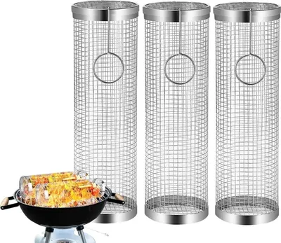 Produktbild von 3er Set Zylindrischer Grillkorb Rund aus Edelstahl mit 1x Haken | Rollendes Grillkorb für Gasgrill, Elektro- und Holzkohle-Grill | 30 x 9 cm Grillnetzrohr für Gemüse, Pilze Meeresfrüchte, Grillgemüse