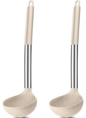 Zdjęcie produktu dla Zestaw dwóch silikonowych łyżek do zupy z rączkami ze stali nierdzewnej, 30 cm, kolor khaki