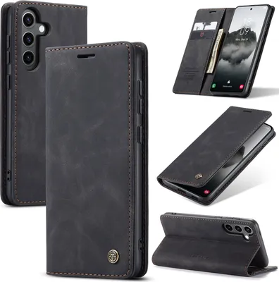 Produktbild von Hülle für Samsung Galaxy S24 FE Retro Kunstledertasche mit Standfunktion Schutzhülle Schwarz