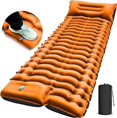 Produktbild von Isomatte, Camping Isomatte, Ultraleichte aufblasbare Isomatte mit eingebauter Fußpumpe, Doppelseitige farbige Luftmatratze mit Kissen, Orange