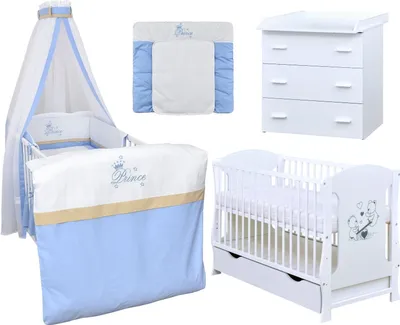 Produktbild von Baby-Delux Babyzimmer Babybett Wickelkommode Weiss Bettwäsche Komplett Prince