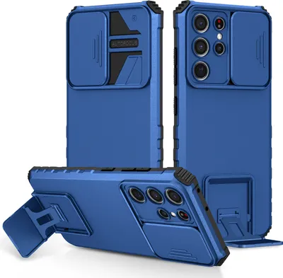 Immagine prodotto di Custodia per Samsung Galaxy S21 Ultra 5G robusta a doppio strato, protezione militare con kickstand e protezione fotocamera scorrevole blu