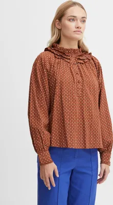 Produktbild von ATELIER RÊVE ICHI IRVIOLETT LS Damen lange Bluse Langarm Damenbluse mit Volant und Rüschenstehkragen Halb geknopft und gemustert Regular Fit