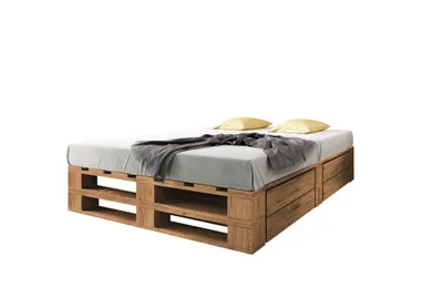 Produktbild von Lermowood Palettenbett M2 180 x 200 cm mit 2 Bettkästen Eiche, Erhöhte Komforthöhe 40 cm, Massivholz