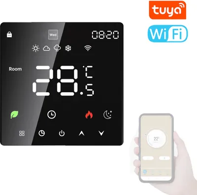 A digital thermostat display and a smartphone showing a thermostat app.