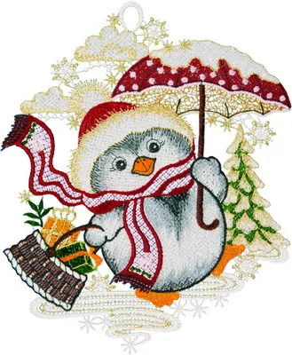 Produktbild von Fensterbild "Pinguin mit Schirm", gold, 23 x 27 cm, Plauener Spitze