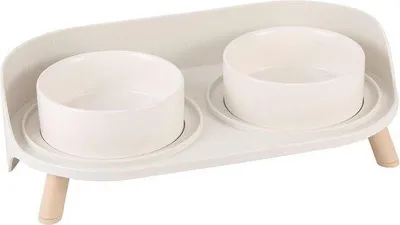 Produktbild von Famanu Katzenfutter- und Wasserkom-Set mit Antirutschstand - Doppelter Keramiknapf für Katzen und kleine Hunde