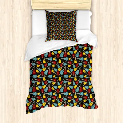 Produktbild von ABAKUHAUS Gitarre Mantele, Folk Flamenco Retro, Milbensicher Allergiker geeignet mit Kissenbezügen, 135 cm x 200 cm - 80 x 80 cm, Mehrfarbig