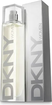 A bottle of DKNY perfume and its packaging are shown against a white background.