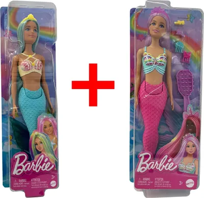 Produktbild von Barbie Meerjungfrau Puppen 2er-Set mit beweglicher Schwanzflosse, türkise und rosa Haaren, Sammelfiguren, HRR03, HRR00, Geschenk-Set