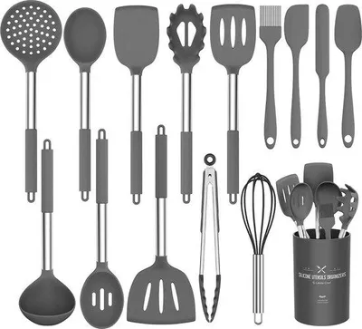 Image de Ensemble de 15 ustensiles de cuisine Unyqoos®, en silicone résistant à la chaleur, antiadhésif, sans BPA, avec des manches en acier inoxydable : spatule, cuillère, pince et fouet
