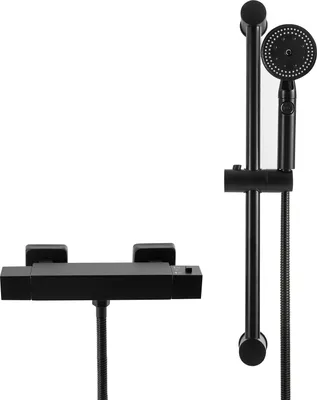A black thermostatic shower mixer and hand shower set against a white background.