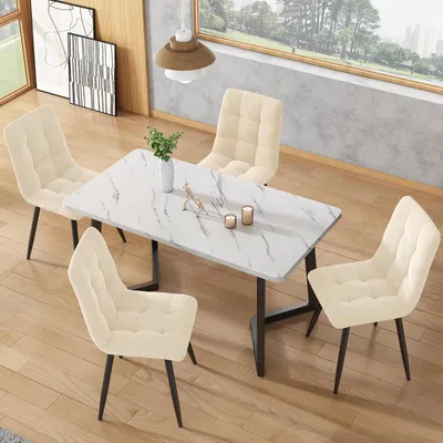 Immagine prodotto di Set tavolo da pranzo 117 cm con 4 sedie, tavolo rettangolare per la cucina, sedie in velluto beige, gambe del tavolo nere
