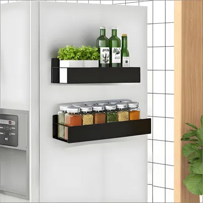 Produktbild von 2er-Set magnetische Kühlschrankablagen mit 4 Haken, magnetisches Gewürzregal aus Metall für die Aufbewahrung und Organisation in der Küche, schwarz