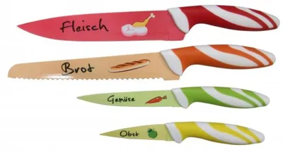 Produktbild von axentia 175478 Messerset 4-teilig, buntes Küchenmesser-Set mit Motiven, Fleischmesser, Brotmesser, Gemüsemesser, Obstmesser, Edelstahl-klingen und Softgriff, Bunt
