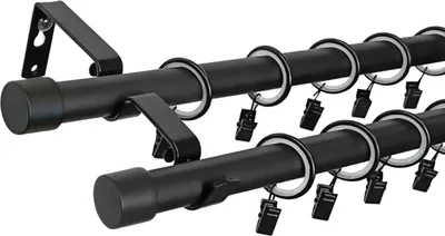 Produktbild von LOFT 120 cm 2-läufige Gardinenstange Schwarz 19 mm aus Metall mit Endstück LUNA Komplettset mit Ringen und Clips Inklusive Montagezubehörset