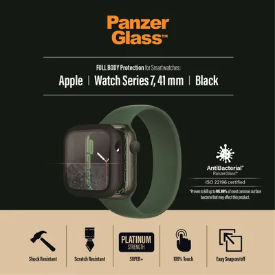 Zdjęcie produktu dla PanzerGlass ® Full body Case Apple Watch Series 9 | 8 | 7 | 41mm | Black, Apple, Apple - Watch Series 7 41mm, Apple - Watch Series 8 41mm, Aplikacja na sucho, Odporny na zadrapania, Odporny na wstrząsy, Czarny, 1 szt.