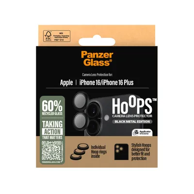 Produktbild von PanzerGlass ® Hoops® Kameraschutz Schwarz iPhone 16 | 16 Plus, Apple, Apple - iPhone 16, Apple - iPhone 16 Plus, Trockene Anwendung, Kratzresistent, Schockresistent, Schwarz, 1 Stück(e)