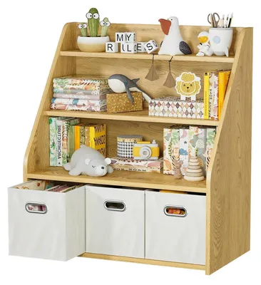 Produktbild von Kinder Bücherregal mit 3 Schubladen | Holz-Regal für Spielzeug & Bücher | Helles Holz