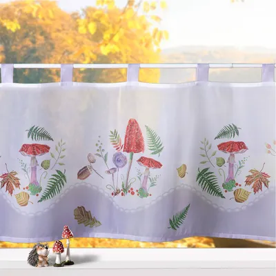 Produktbild von heimtexland ® Scheibengardine Pilz und Blätter Voile Gardine Transparent HxB 45x120 Fensterdekoration Herbst Typ758