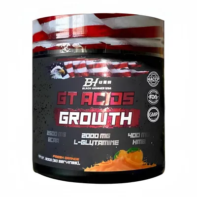 Produktbild von GT Acids Growth 300g Orange – EAA/BCAA Pulver mit L-Glutamin, HMB & Elektrolyten für Muskelaufbau & Regeneration | Black Hammer USA