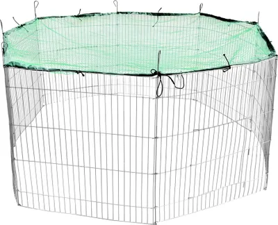 A hexagonal metal pet enclosure with a green mesh cover.